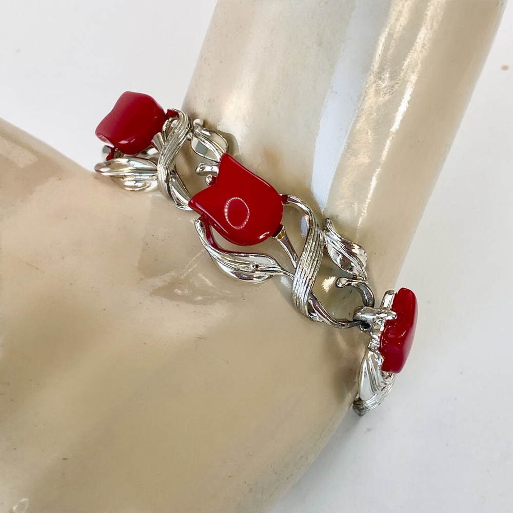 Vintage Red Tulip Thermoset Golden Silver Link Bracelet Signed STAR. - Picture 3 of 7